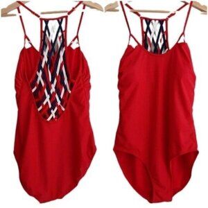 YMI One Piece Swimsuit Lattice Woven Back Red Sz L